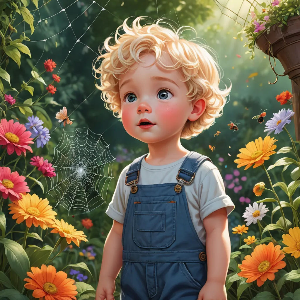 a painting of a little boy in a garden with flowers and a spider web in the background, with a spider web in the foreground, fantasy art, a detailed painting, Aaron Jasinski, highly detailed digital painting