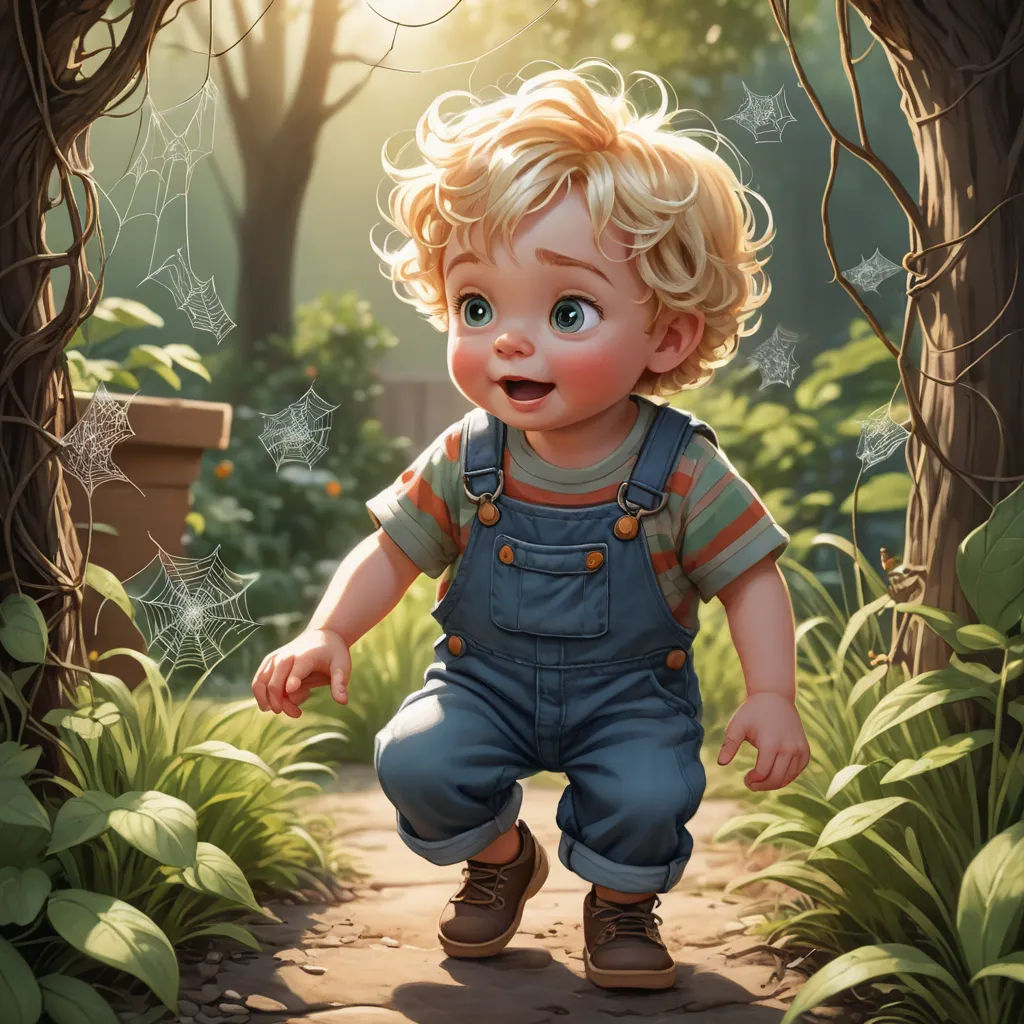 a painting of a little boy in overalls walking through a forest with spider webs on the ground, photorealism, a storybook illustration, Alejandro Burdisio, highly detailed digital painting