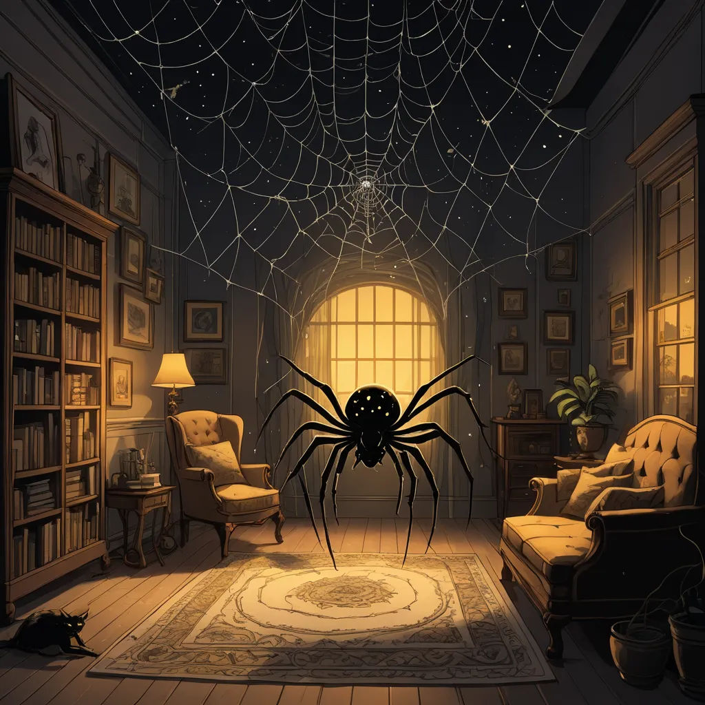 a spider web hanging from the ceiling of a living room with a cat on the floor and a chair, gothic art, a storybook illustration, Chris LaBrooy, storybook illustration