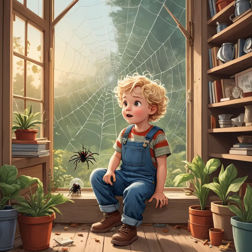 a boy sitting on a window sill looking out a spider web in a window sill with a spider web in the window, fantasy art, a storybook illustration, Aaron Jasinski, storybook illustration