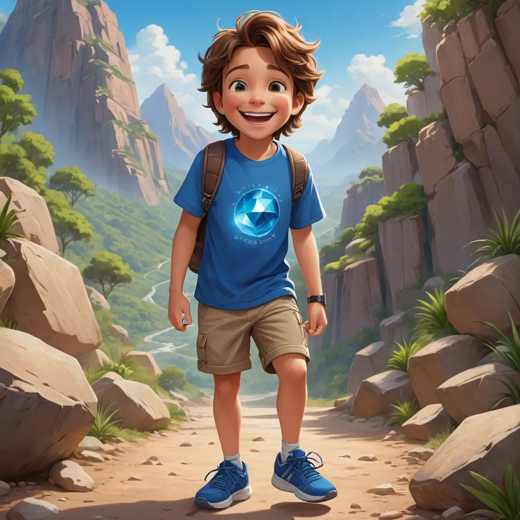 a boy with a backpack and a blue shirt is walking on a path through a rocky area with a mountain in the background, photorealism, concept art, Chris LaBrooy, rossdraws global illumination