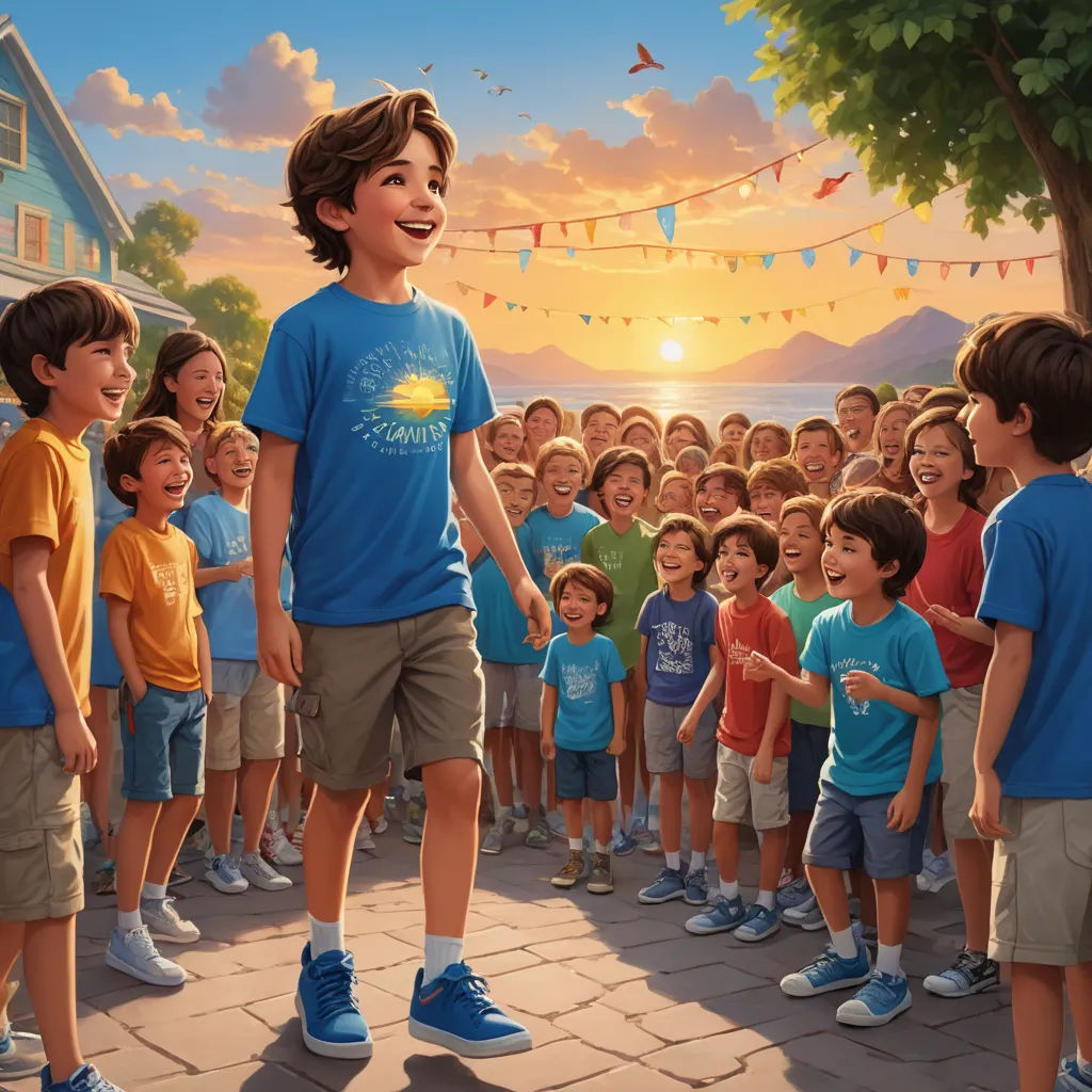 a boy standing in front of a group of children in front of a crowd of people with a kite, american scene painting, a storybook illustration, Chris LaBrooy, rossdraws global illumination