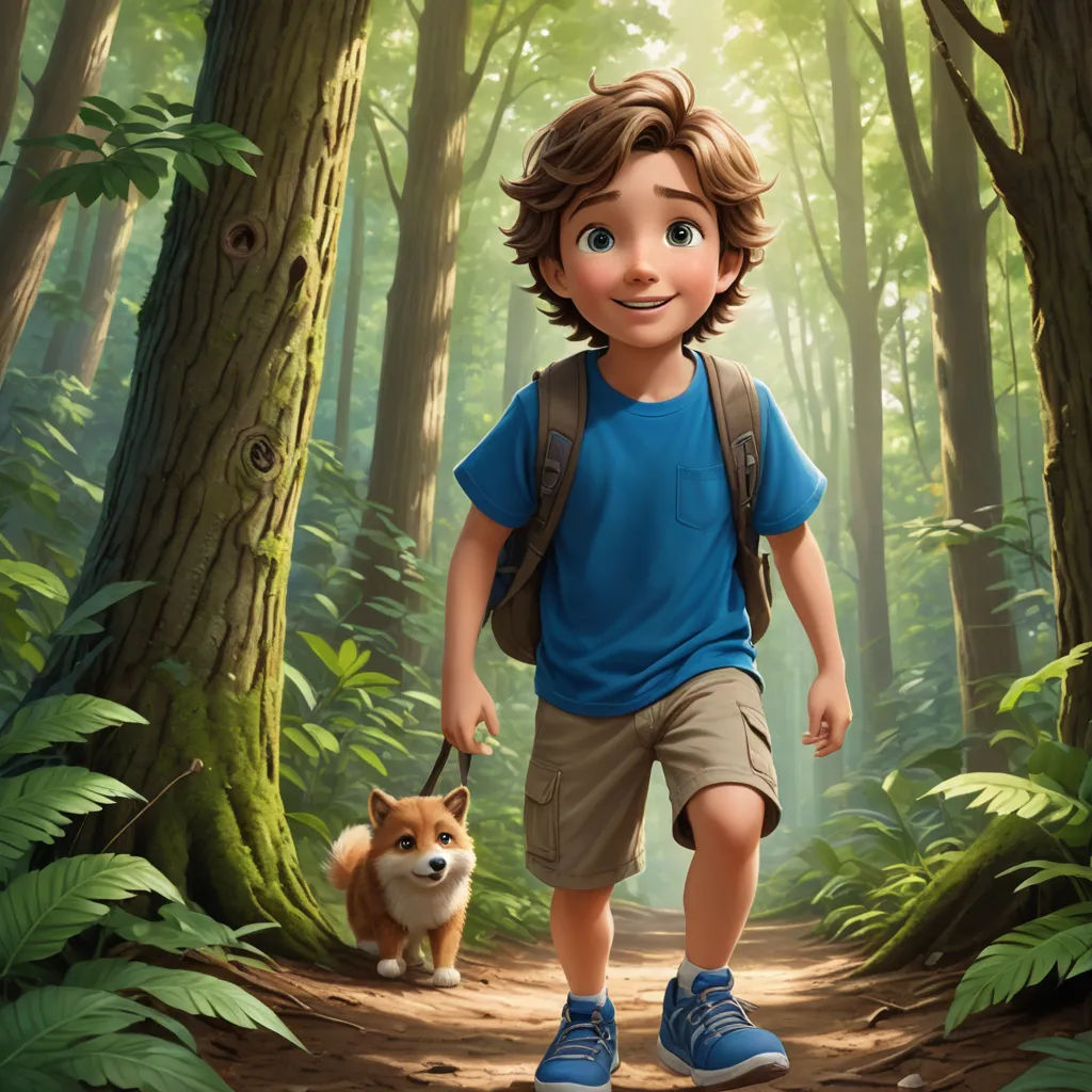 a boy walking a dog through a forest with trees and ferns on the ground and a forest path behind him, photorealism, a storybook illustration, Cliff Childs, rossdraws global illumination