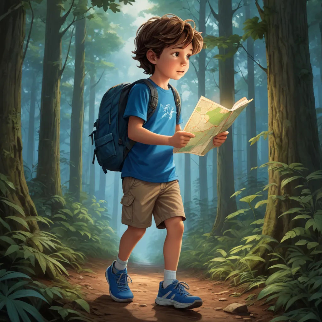 a boy with a backpack is reading a book in the woods with a map in his hand and a backpack on his shoulder, process art, a storybook illustration, Aaron Jasinski, storybook illustration