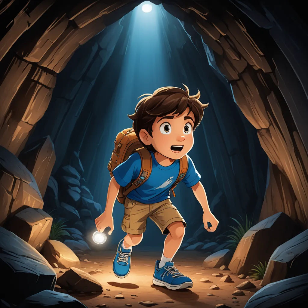 a boy with a backpack is walking through a cave with a flashlight in his hand and a flashlight in his hand, sots art, a storybook illustration, Diego Gisbert Llorens, rossdraws global illumination
