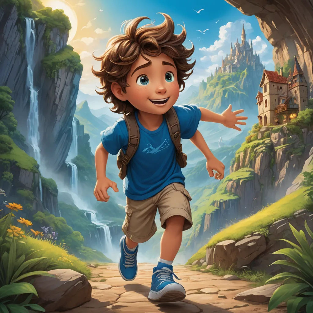 a boy running through a forest towards a castle in the background with a waterfall and a castle in the background, fantasy art, a storybook illustration, Cliff Childs, rossdraws global illumination