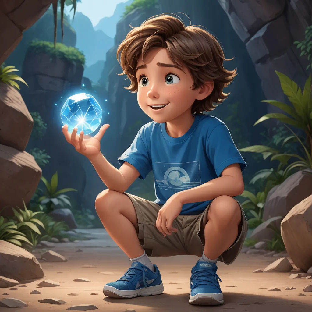 a boy kneeling down holding a crystal ball in his hand and smiling at the camera with a cave in the background, photorealism, concept art, Aaron Jasinski, rossdraws global illumination