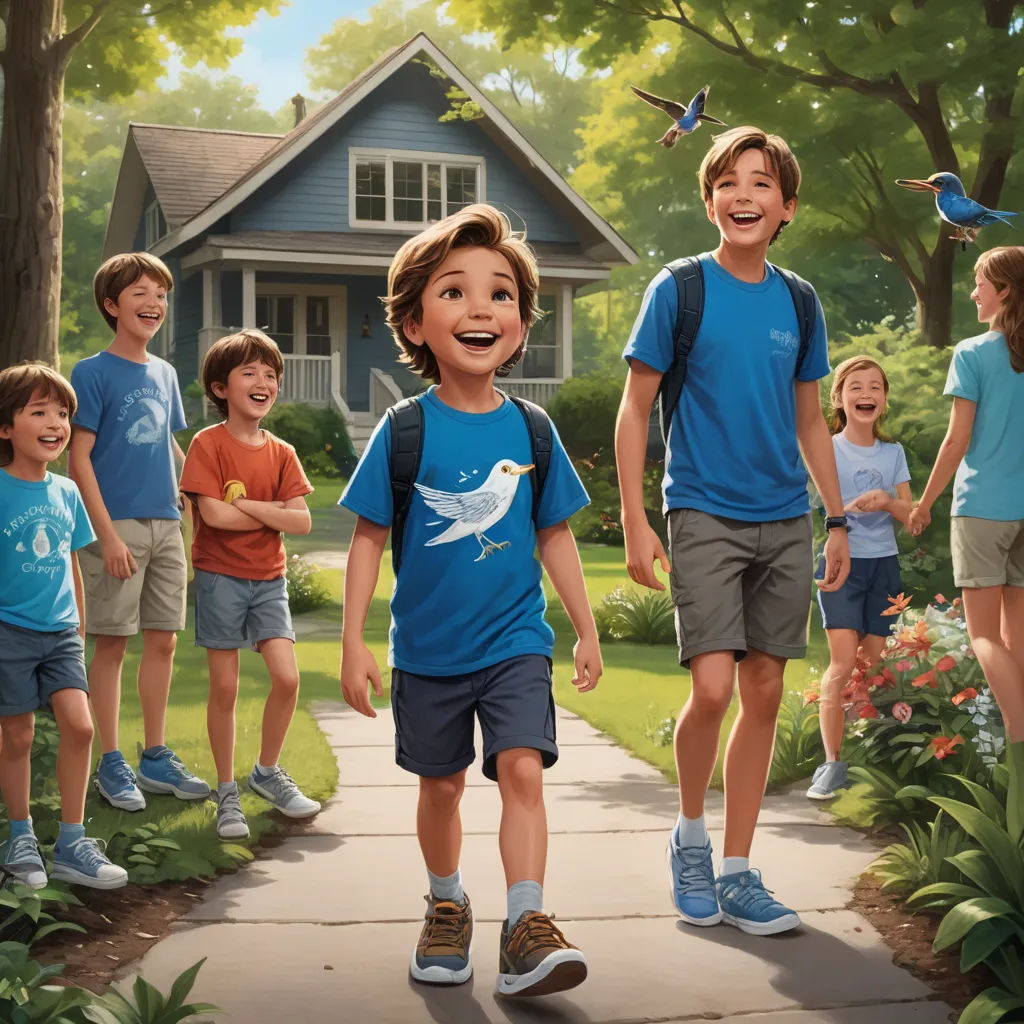 a group of children standing on a sidewalk in front of a house with a bird on it's back, american scene painting, a storybook illustration, Brothers Hildebrandt, official art