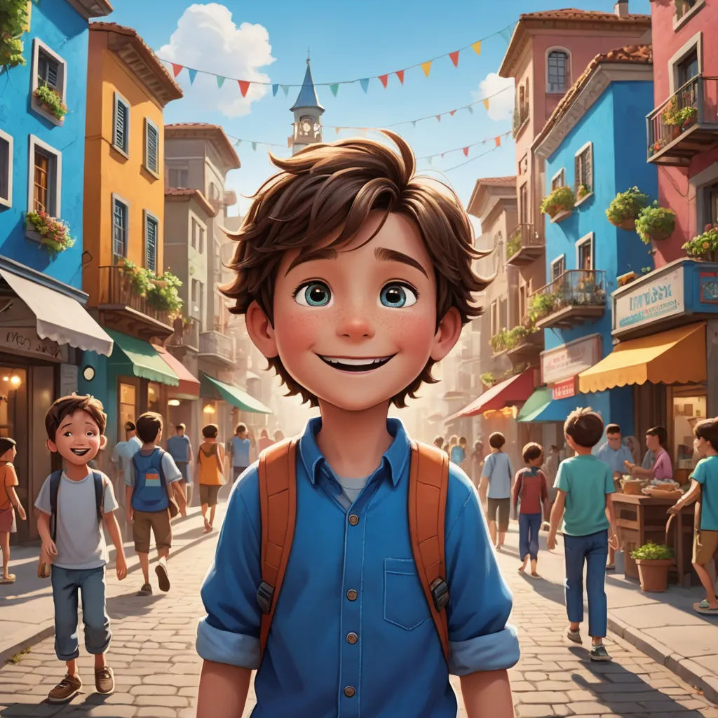 a cartoon boy with a backpack on a city street with people walking around him and a building in the background, american scene painting, a character portrait, Alejandro Burdisio, official art
