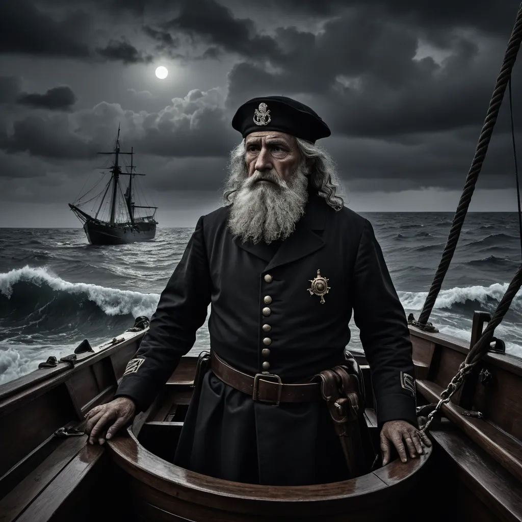 a man in a pirate costume standing on a boat in the ocean with a full moon in the background, art photography, a character portrait, Artur Tarnowski, cinematic photography