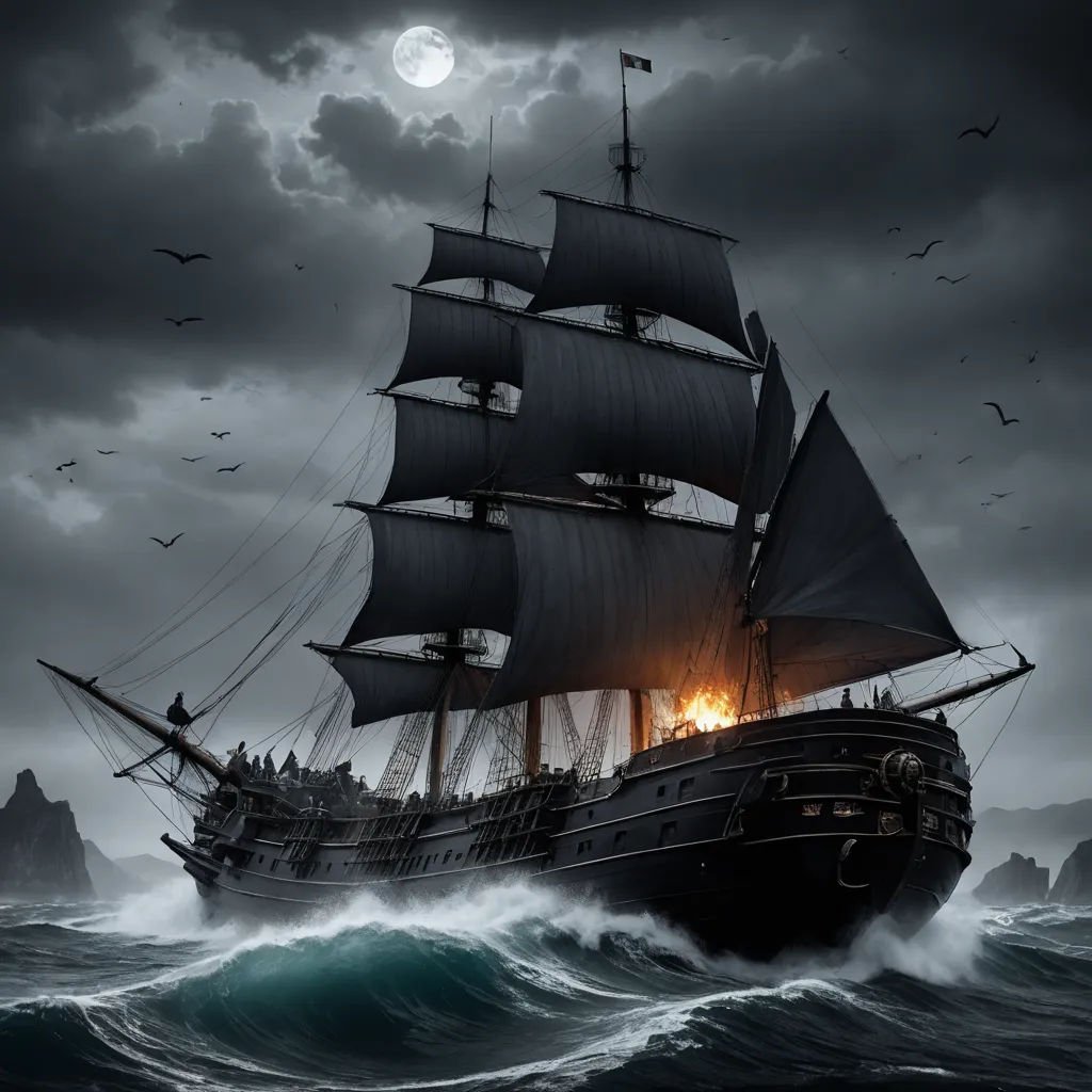 a ship sailing in the ocean with a full moon in the background and birds flying around it, with a dark sky and clouds, gothic art, a detailed matte painting, Cyril Rolando, cinematic matte painting