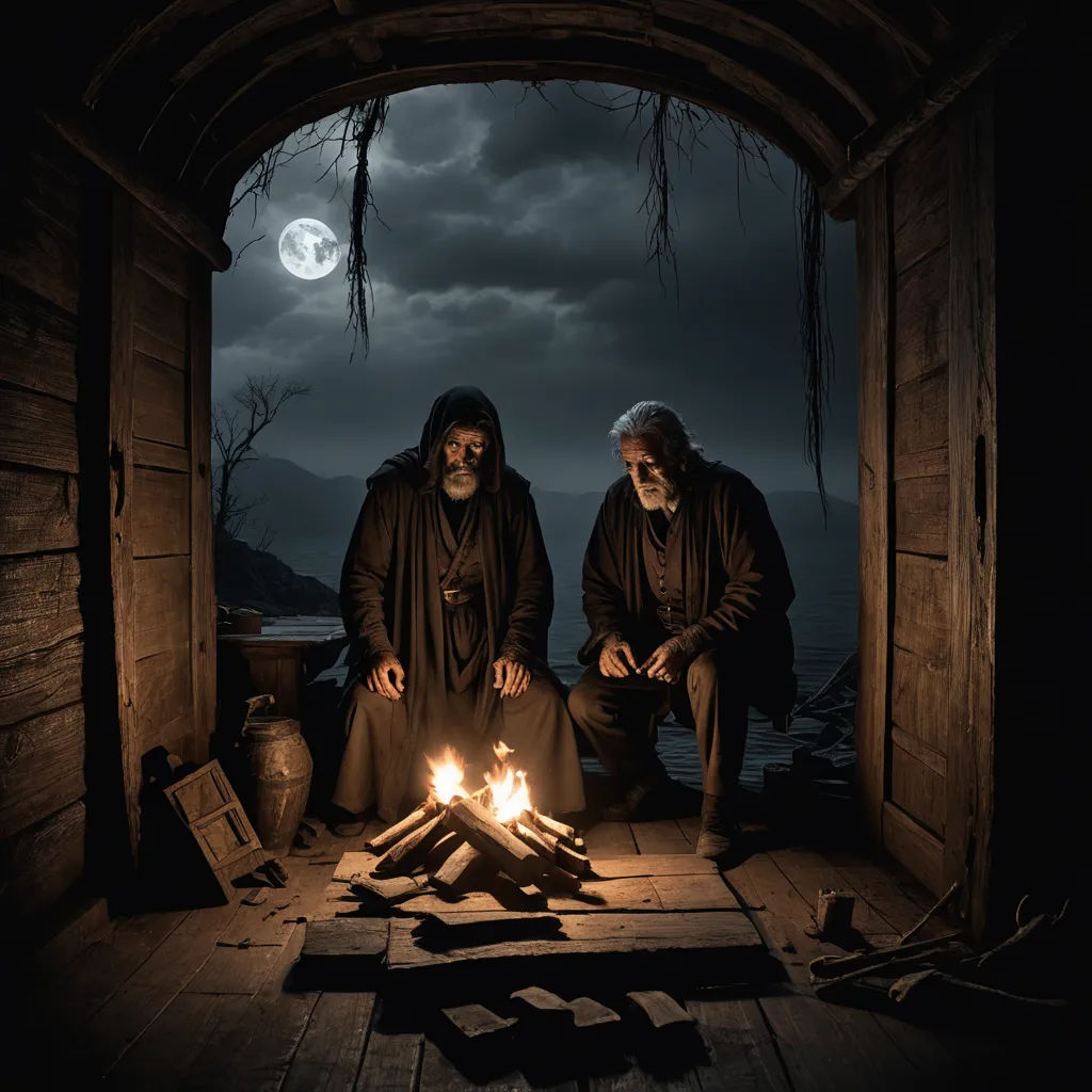 two people sitting on a porch next to a fire pit with a full moon in the background and a dark sky, gothic art, a detailed matte painting, Andrei Rublev, promotional image