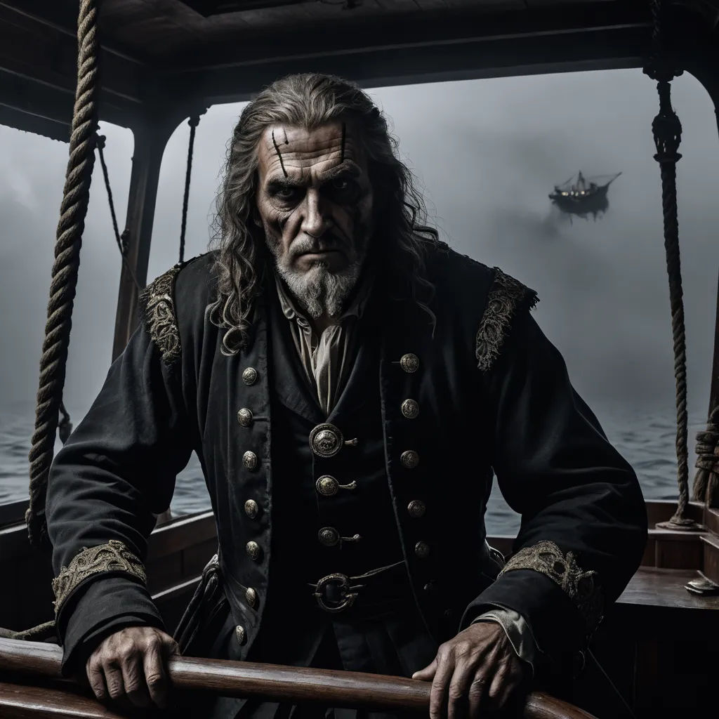 a man in a pirate costume on a boat in the ocean with a ship in the background and foggy sky, american romanticism, a character portrait, Dirk Crabeth, promotional image