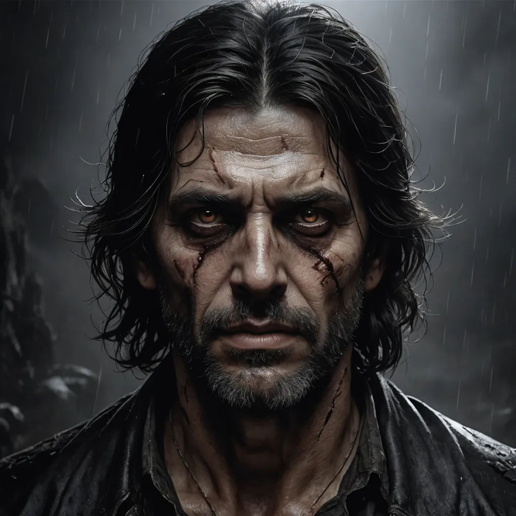 a man with a bloody face and a black shirt on in the rain with a knife in his hand, gothic art, a character portrait, Eddie Mendoza, epic fantasy character art