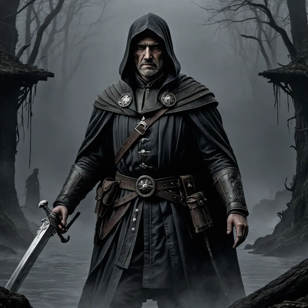 a man in a hooded outfit holding a sword in a forest with fog and trees in the background,, fantasy art, a detailed matte painting, Bastien L. Deharme, epic fantasy character art