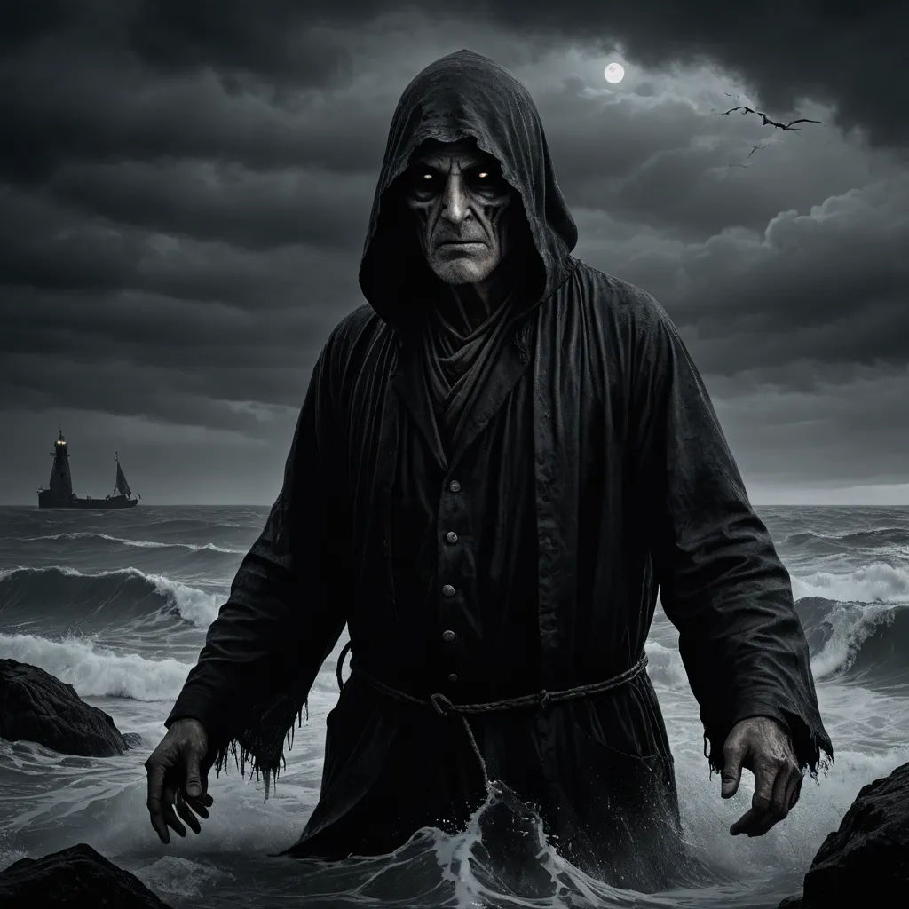 a man in a hooded jacket standing in the ocean with a boat in the background and a bird flying overhead, gothic art, a detailed matte painting, Dirk Crabeth, promotional image