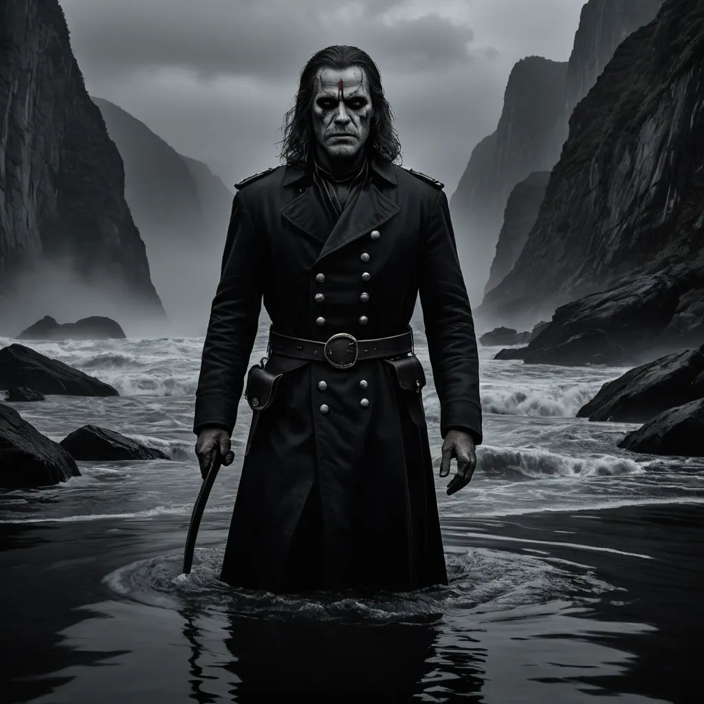 a man in a trench coat standing in the water with a sword in his hand and a mountain in the background, german romanticism, poster art, Artur Grottger, promotional image