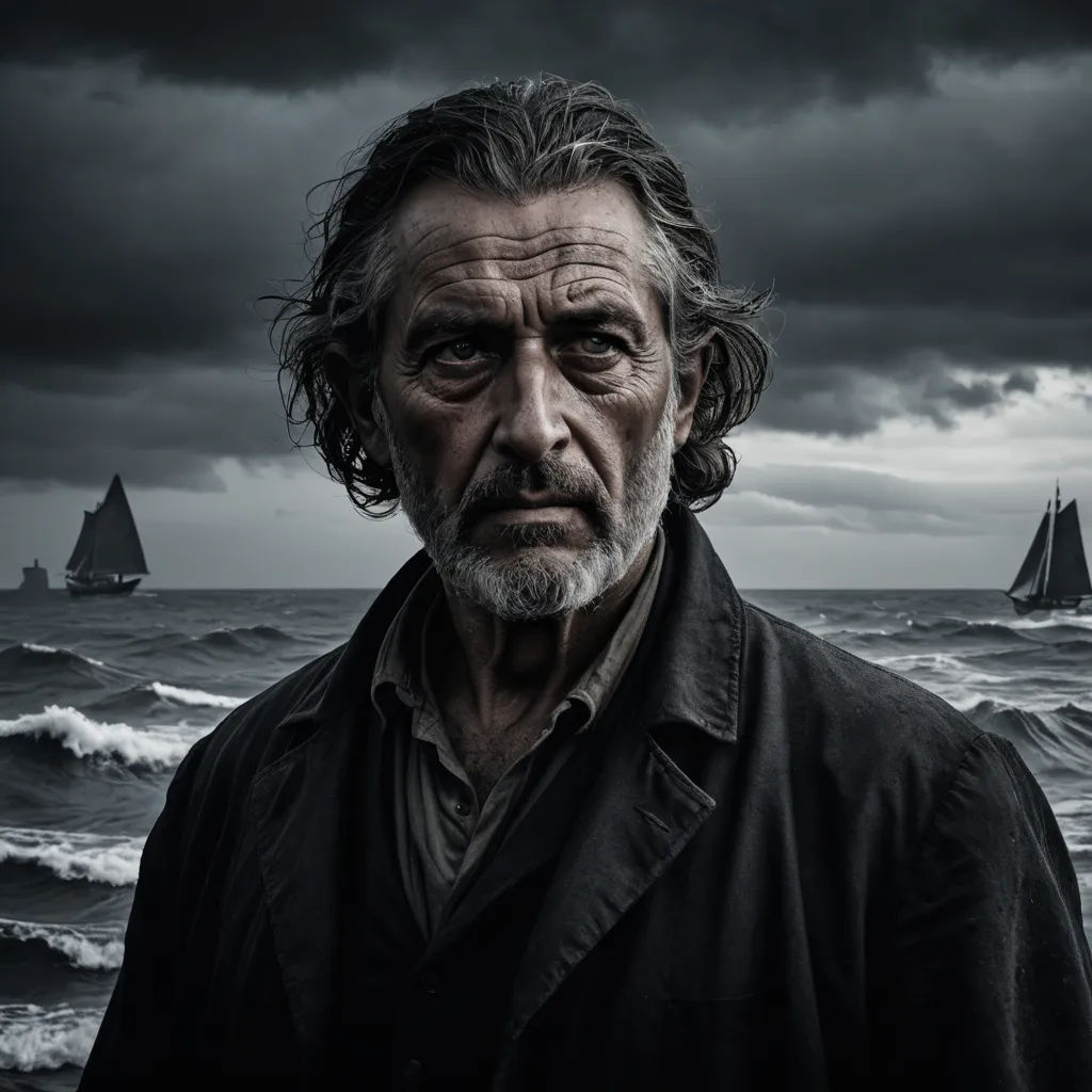 a man standing in front of a boat on the ocean with a stormy sky in the background and a sailboat in the foreground, art photography, a character portrait, David Annand, cinematic photography