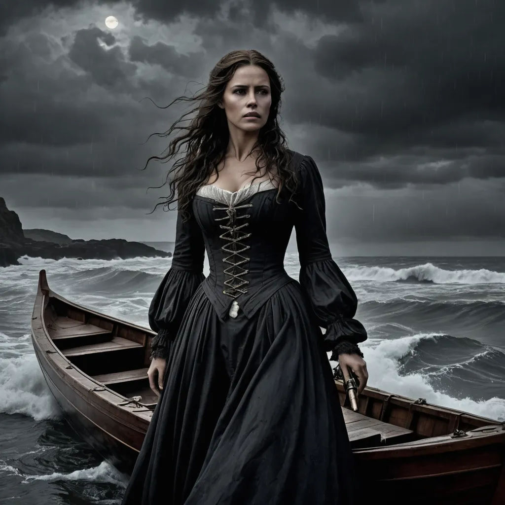 a woman in a long black dress standing on a boat in the ocean with a dark sky behind her, gothic art, a detailed matte painting, Annie Leibovitz, promotional image