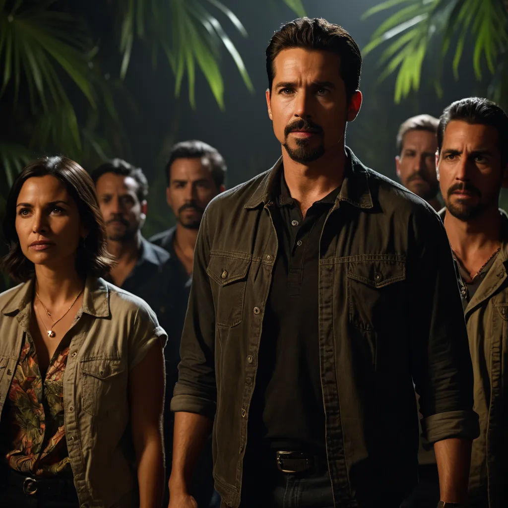 a group of people standing in front of a plant with a man in the middle of the group looking at the camera, cobra, concept art, Estuardo Maldonado, promotional image