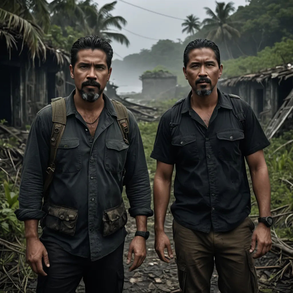 two men standing in a jungle with a building in the background and trees in the foreground, with a foggy sky, sumatraism, a character portrait, Abidin Dino, promotional image