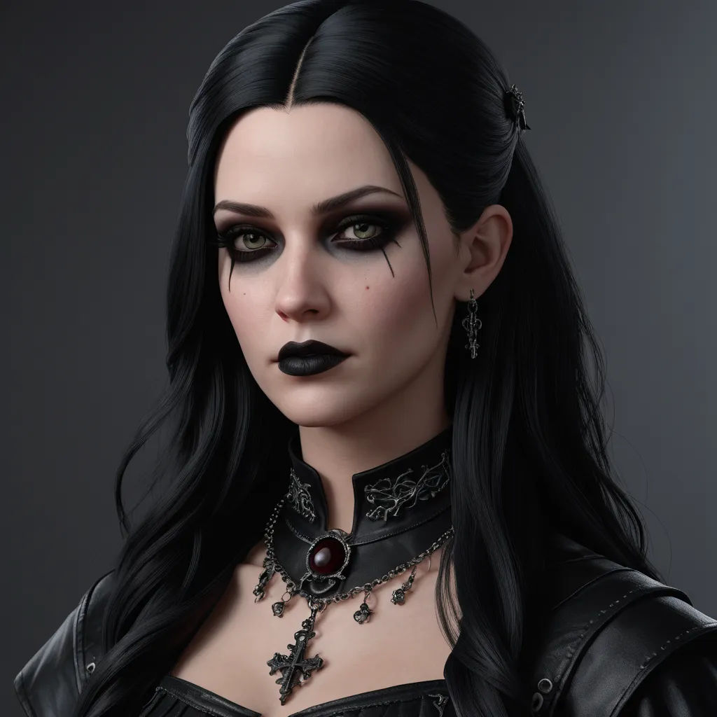 a woman with black makeup and a gothic look on her face and chest, wearing a black choker and gothic necklace, gothic art, a character portrait, Cedric Peyravernay, realistic character concept