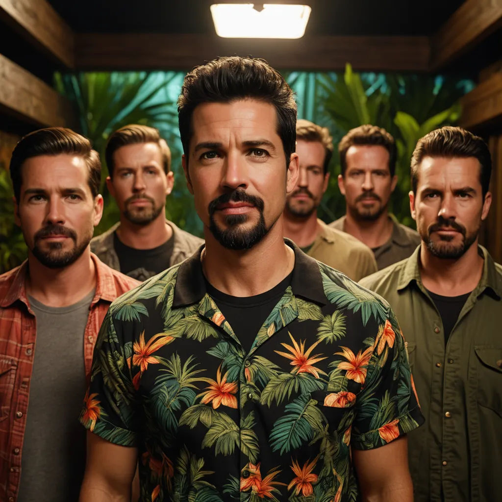 a group of men standing in a hallway with a light on above them and a plant in the background, rayonism, a stock photo, Estuardo Maldonado, promotional image