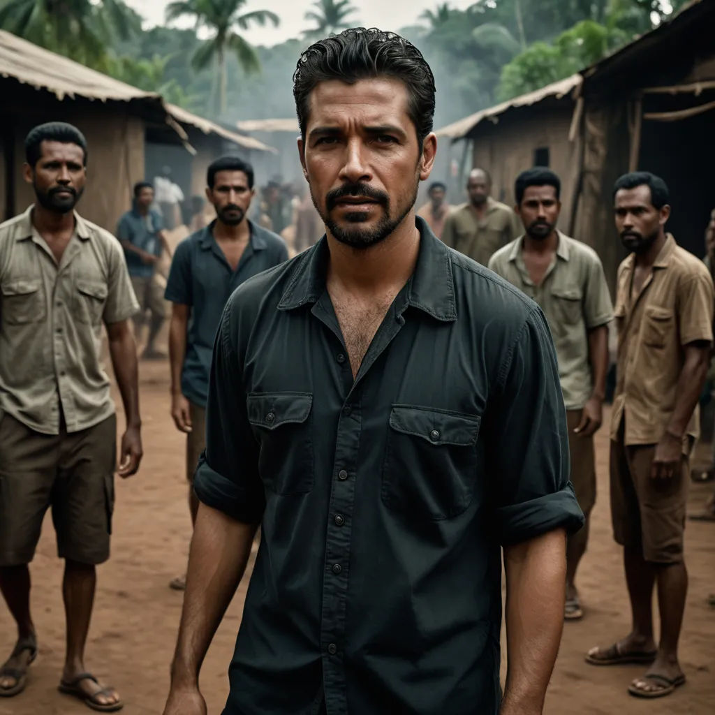 a man standing in front of a group of men in a village with trees in the background and dirt ground, neo-primitivism, a poster, Don Arday, promotional image