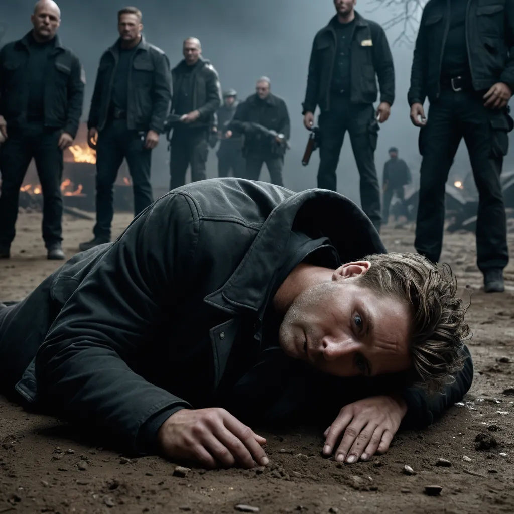 a man laying on the ground in front of a group of men in black jackets and black pants, with one man holding a gun, berlin secession, poster art, Adam Willaerts, promotional image