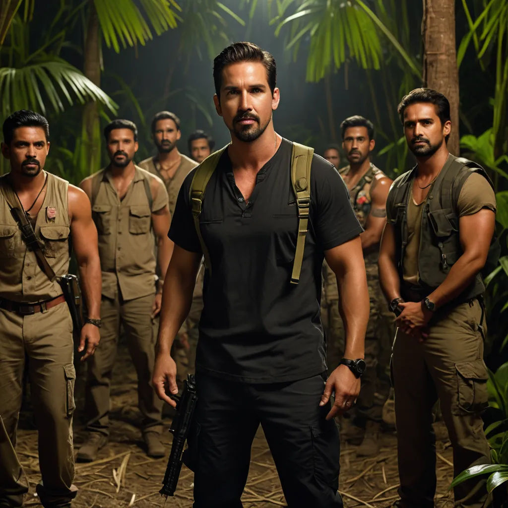 a man standing in front of a group of men in uniform in the jungle with a gun in his hand, cobra, a poster, Don Arday, promotional image