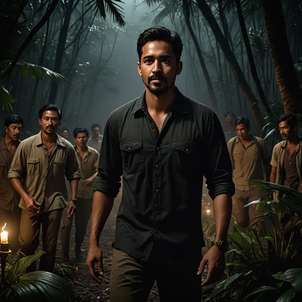 a man standing in front of a group of people in the jungle with a candle in his hand and a flashlight in his hand, samikshavad, a poster, Derek Hill, promotional image
