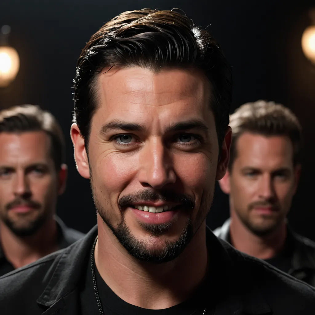 a man with a beard and a black shirt is smiling at the camera while three other men are in the background, new objectivity, a character portrait, Bryan Organ, promotional image