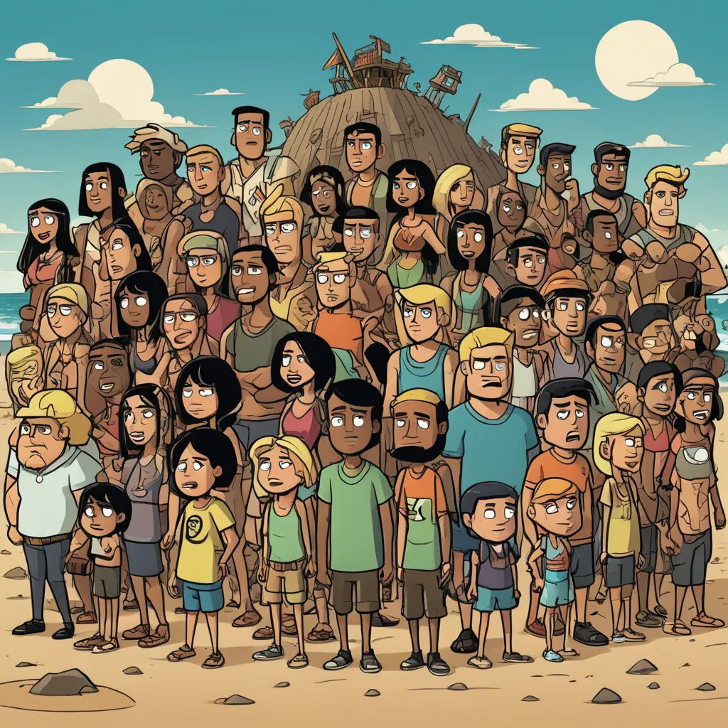 a group of people standing on top of a sandy beach next to the ocean with a boat in the background, sumatraism, concept art, Adam Rex, promotional image