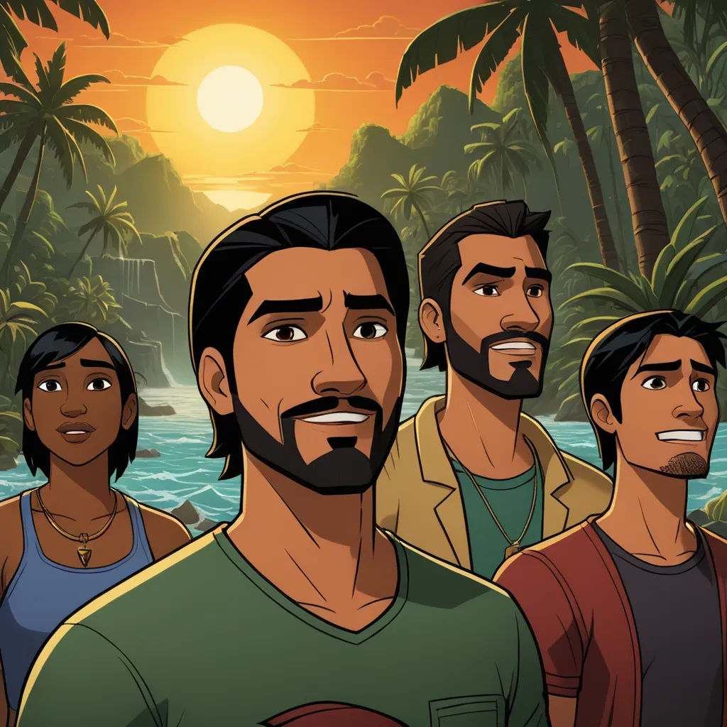 a group of people standing in front of a river with a sunset in the background and palm trees in the foreground, sots art, concept art, Altoon Sultan, promotional image