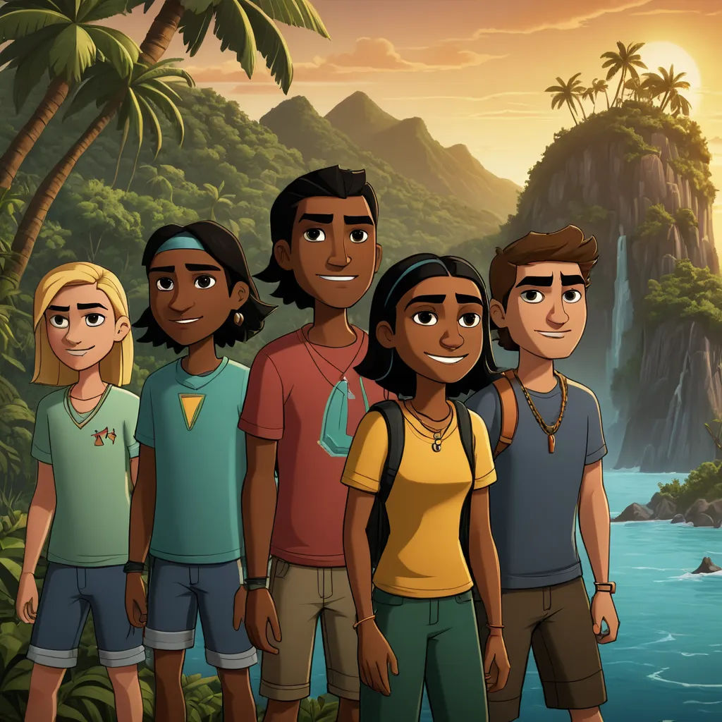 a group of people standing in front of a river with a mountain in the background and a sunset in the background, sots art, concept art, Cedric Seaut (Keos Masons), promotional image