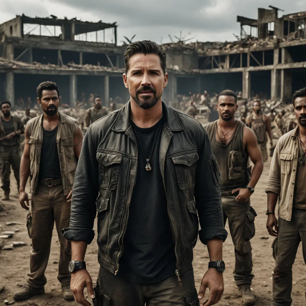 a man in a black shirt and some other men in a dirty area with a building in the background, antipodeans, a renaissance painting, Avgust Černigoj, promotional image