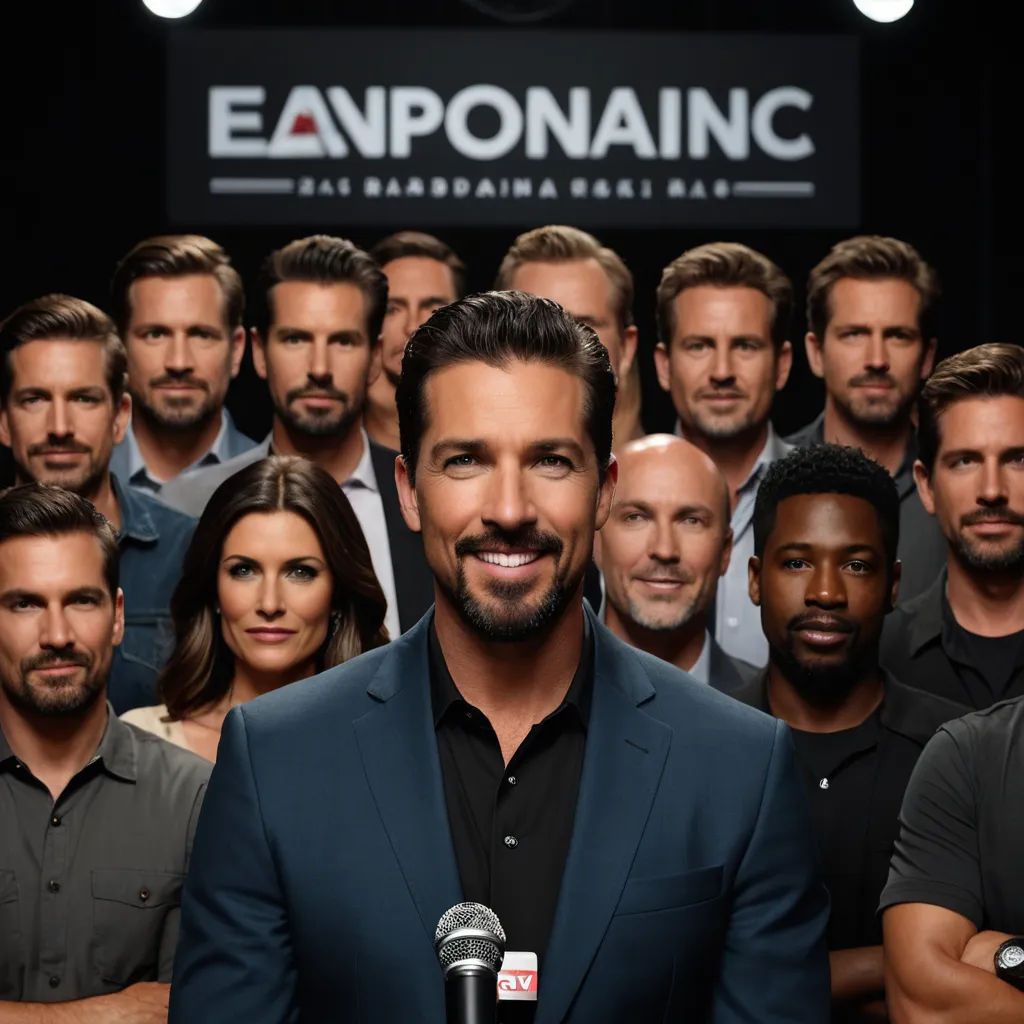 a man standing in front of a microphone with a group of people behind him in front of a microphone, antipodeans, a stock photo, Enguerrand Quarton, promotional image