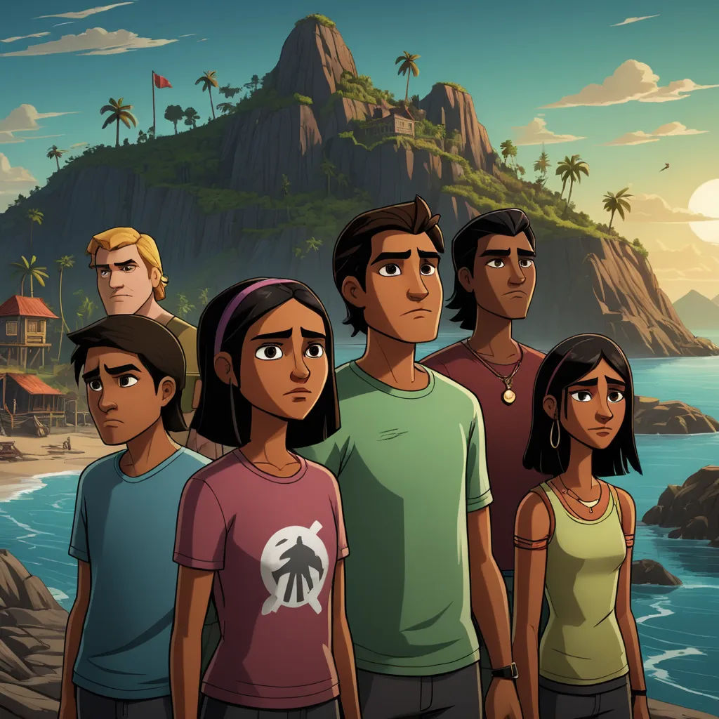 a group of people standing next to each other near the ocean and a mountain in the background with a sunset, sots art, concept art, Cedric Seaut (Keos Masons), promotional image