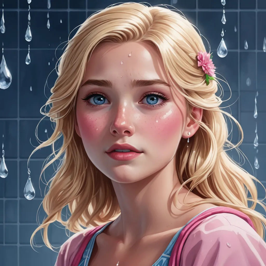 a painting of a blonde girl with blue eyes and a pink flower in her hair, standing in front of a tiled wall, photorealism, a detailed painting, Charlie Bowater, highly detailed digital painting
