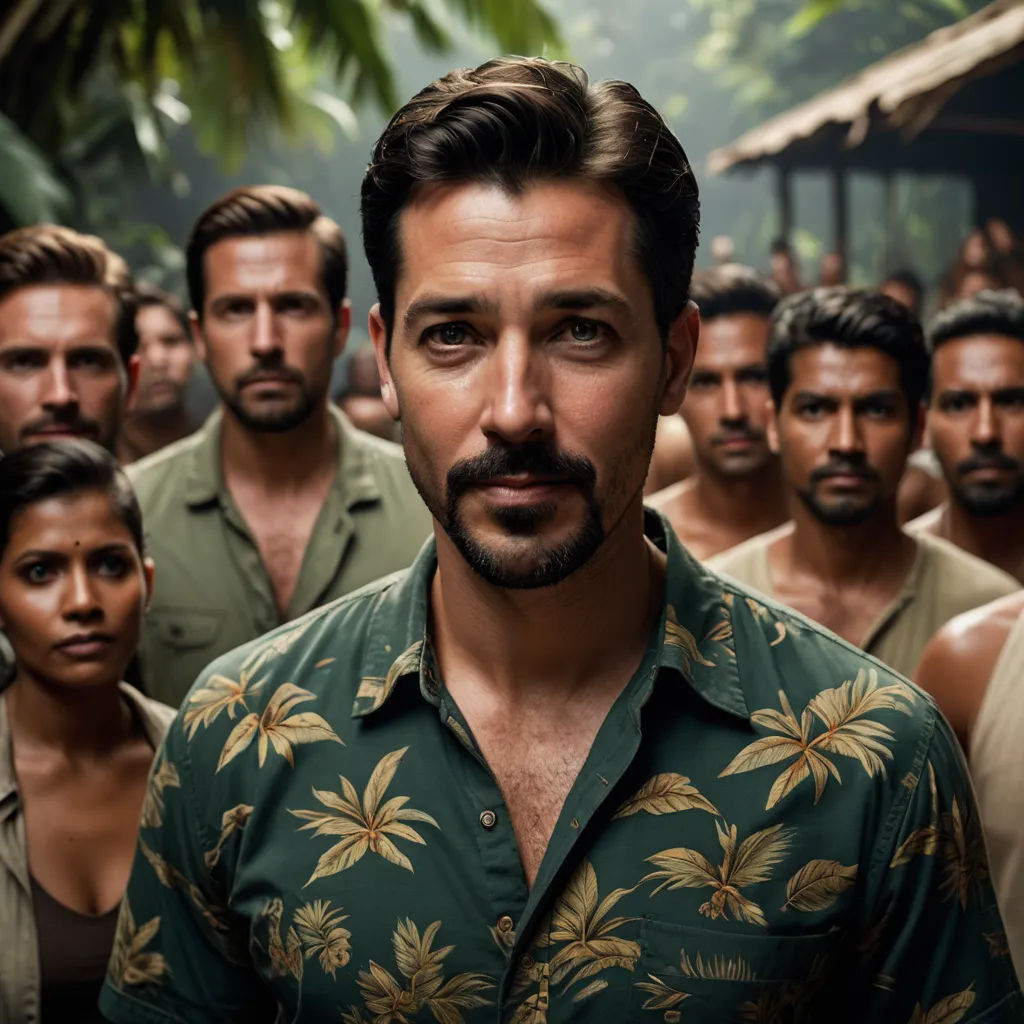 a man with a beard standing in front of a group of people in a jungle setting with palm trees, sumatraism, a poster, Esteban Vicente, promotional image