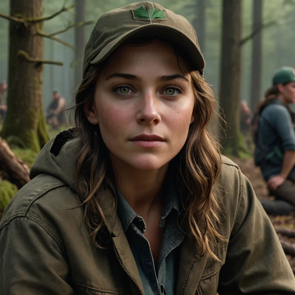 a woman in a hat is sitting in the woods with a group of people behind her in the background, naturalism, a character portrait, Charlotte Harding, leesha hannigan