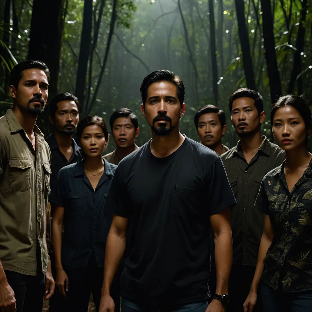 a group of people standing in a forest with a man in the middle of the group looking at the camera, sumatraism, a poster, Abidin Dino, promotional image