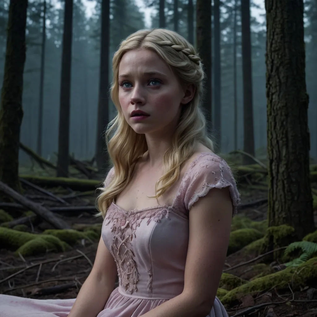 a woman in a pink dress sitting in the woods with a forest background and trees in the background, with a foggy sky, neo-romanticism, a character portrait, Elinor Proby Adams, promotional image