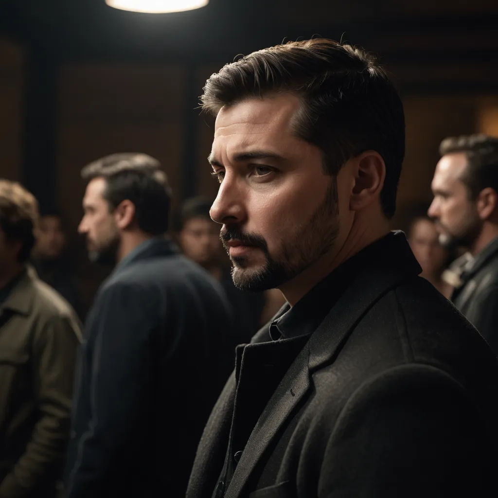 a man with a beard standing in a room with other men in the background looking at something in the distance, antipodeans, a character portrait, david rubín, promotional image