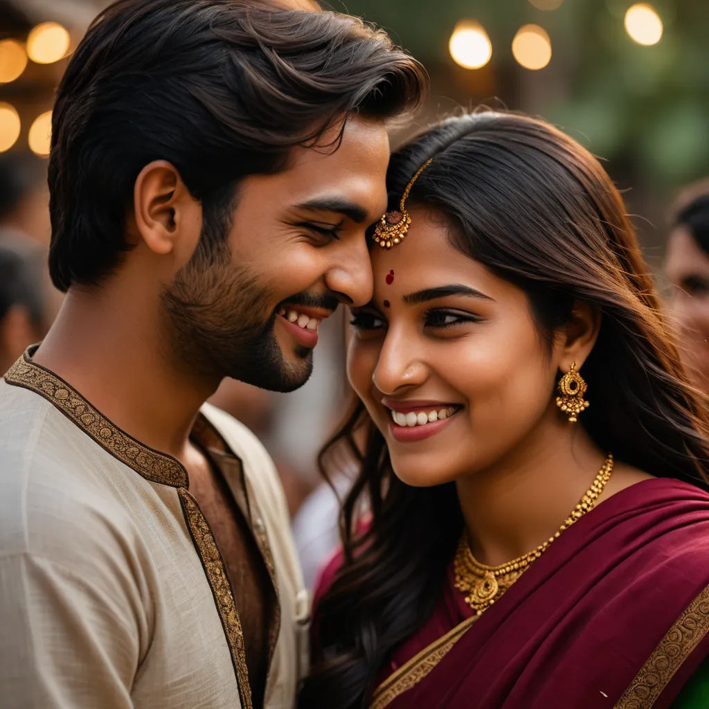 a man and woman smile at each other while standing together in front of a crowd of people wearing traditional indian clothing, samikshavad, a stock photo, Ella Guru, promotional image