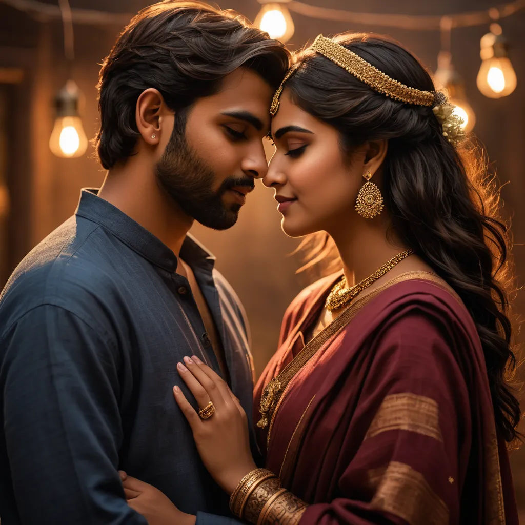 a man and woman standing close together in a room with lights on the ceiling and a string of lights hanging from the ceiling, samikshavad, a poster, Ella Guru, promotional image