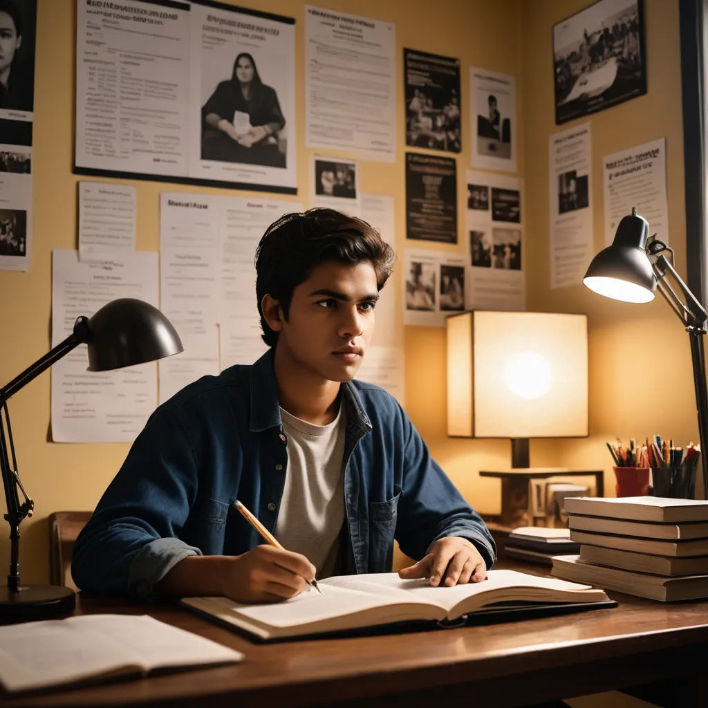 a young man sitting at a desk with a book and pen in his hand and a lamp on the desk, vancouver school, a poster, Everett Warner, promotional image