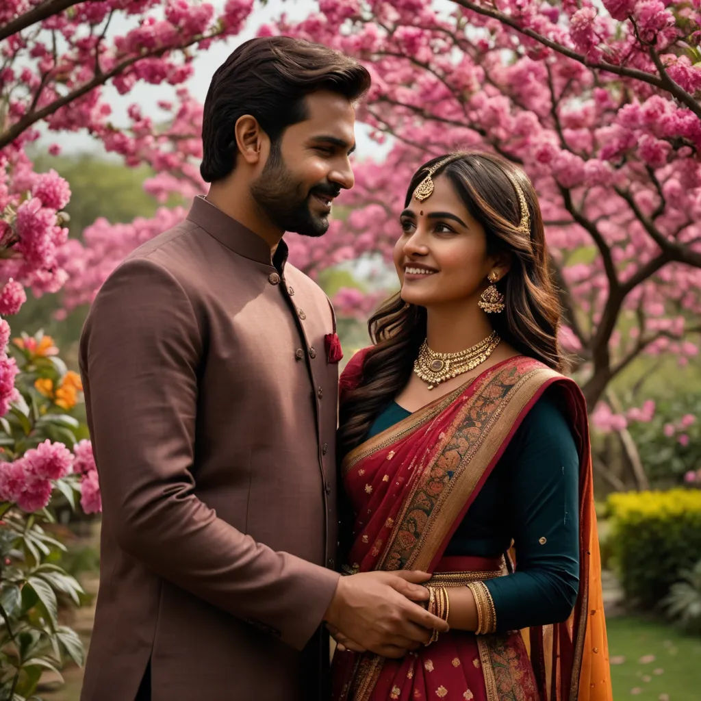 a man and woman standing in front of a tree with pink flowers in the background and a man in a brown suit and tie, samikshavad, a picture, Anthony Devas, promotional image