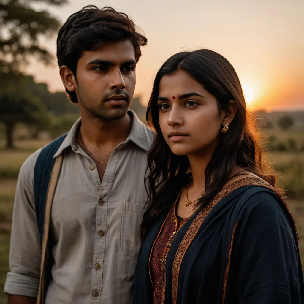 a man and a woman standing next to each other in a field at sunset or sunrise time, with the sun setting behind them, samikshavad, a poster, Ella Guru, movie still