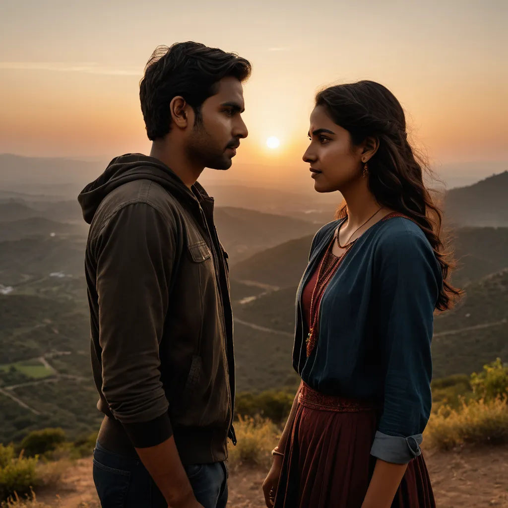 a man and a woman standing on a hill looking at each other with a sunset in the background behind them, neo-romanticism, a poster, Anthony Devas, movie still